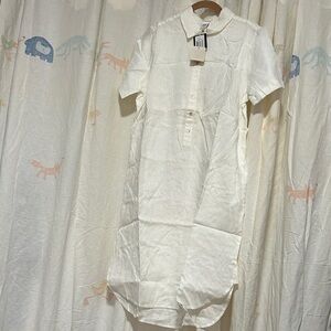 Magaschoni White Linen Short-Sleeve Midi Shirt Dress L